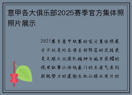 意甲各大俱乐部2025赛季官方集体照照片展示