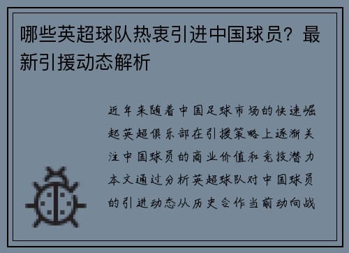 哪些英超球队热衷引进中国球员?最新引援动态解析
