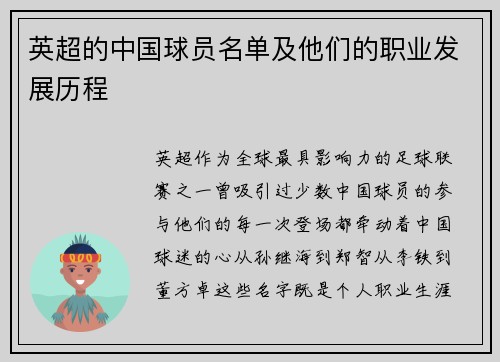 英超的中国球员名单及他们的职业发展历程